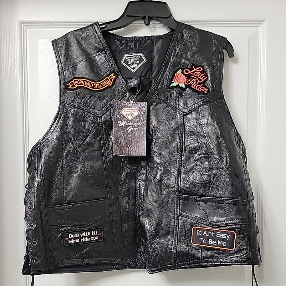 Diamond Plate Black Leather Biker Motorcycle Vest w/ Patches Womens Large Lady